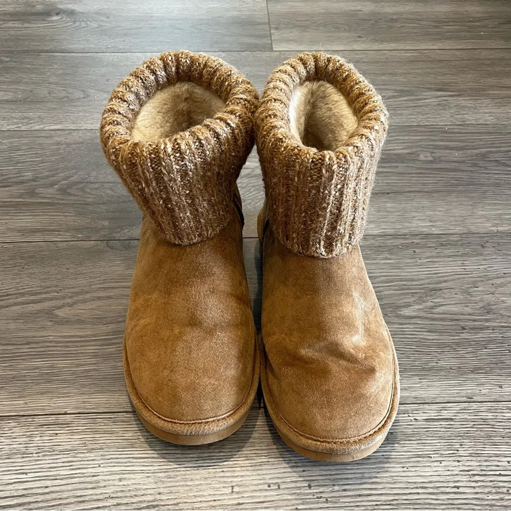 Lamo Women’s Faux Fur Suede Boot Size 8 Chestnut Tan Carmel Fold Over Sock